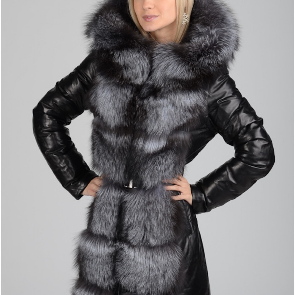 Sealapuy woman leather coat with real silver fox fur trim